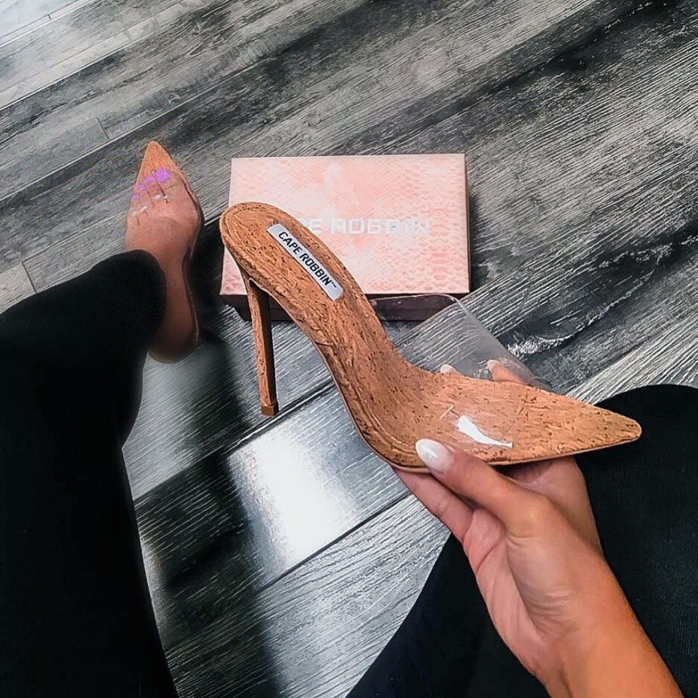 NEW🔥 Transparent Clear Peep Toe Cork Stiletto High Heel Mules Sandals Slip-On - Picture 2 of 8